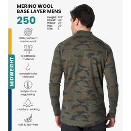 Merino Wool Base Layer Mens - Wool Half Zip Sweater Men - Merino Quarter Zip Sweater Lite, Midweight, Heavyweight and Socks (Large, 250 Camo)