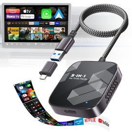 3-in-1 Wireless CarPlay Adapter 2026, Convert Wired to Wireless Apple Car Play/Android Auto or HDMI for Fire TV Stick [Metal&Glass Case] Screen Mirroring, Car TV Mate Pro Max, Fit for 2016+ Cars-Black