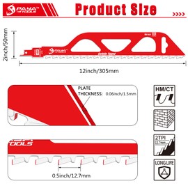 PAYA TOOLS Demolition Masonry Reciprocating Saw Blade, Carbide Blades for Cutting Aerated Concrete and Hollow Brick 305mm/12-Inch, 2TPI (1-Pack)
