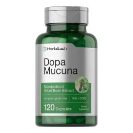 Horbäach Dopa Mucuna Suplemento | 120 cápsulas | Extracto de hierbas de frijol terciopelo | 15% L-Dopa | Sin OMG y sin gluten