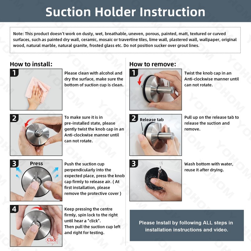 YOHOM Suction Cup Hook, Stainless Steel Towel Holder with Suction