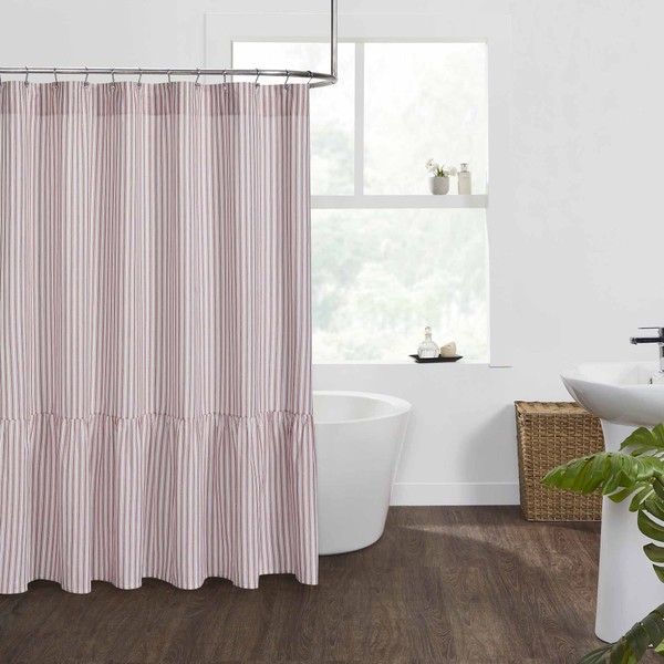Piper Classics Timeless Ticking Red Stripe Ruffled Shower Curtain, Country