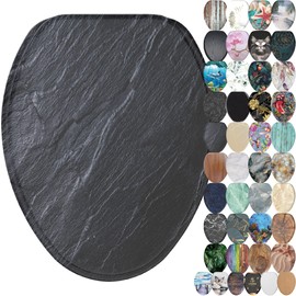 SANILO Wooden Toilet Seat with Soft Close [ELONGATED] - Decorative, Quiet & Slow Close Molded Wood Seat - With Strong Bumpers & Hinges - Adjustable Fit - Granite