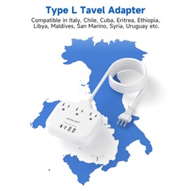 Italy Travel Plug Adapter with 5FT Extension Cord, meta-ant Italy Power Adapter with 3 American Outlets 4 USB Ports(2 USB-C), Type L Adapter for US to Italy Chile Ethiopia Libya Syria Tunisia Uruguay