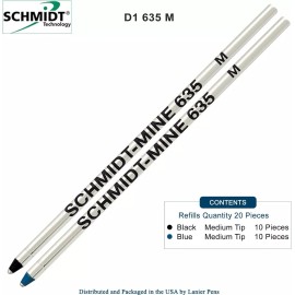 Schmidt 635 D1 Mine Ballpoint Refill - Black, Blue Ink (Tip 0.7mm) - Pack of 20