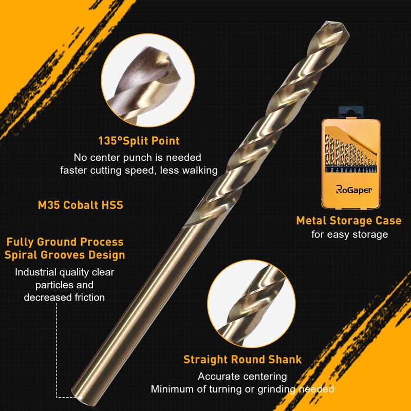 ROGAPER 13Pcs Cobalt Drill Bit Set, M35 HSS Jobber Length