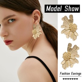 SIXDUTON Flower Earrings Large for Women, Flower Drop Earrings Gold, Hypoallergenic Statement Earrings, Fashion Jewellery, Gift for Girls, Women, Mum, Alloy Steel, No Gemstone