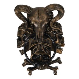 Ebros Gift Ossuary Horned Ram Cranium Skull with Tribal Skulls Crossed Bones Decorative Door Knocker Crafted Resin with Metal Ring Hardware Hell Demons Inferno Goat of Mendez Accent