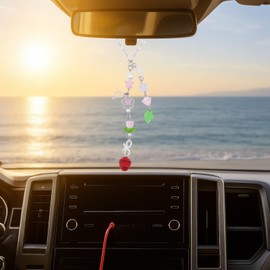 Strawberry Rear View Mirror Charm - Silver Y2K Crystal Bead Car Suncatcher Pendant, Cute Hanging Ornament for Car Accessories, Aesthetic Gift for Women New Driver Friends