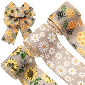 FYSUIMU 3 Roll Floral Wired Edge Ribbon Daisy Sunflower Bee Fabric Ribbon Spring Summer Craft Ribbon for Wedding Baby Shower Wreath Bow DIY Crafts, 18 Yards