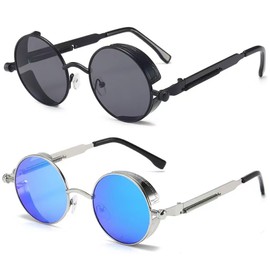 FDRJKN 2pcs Steampunk Sunglasses, Round Sunglasses Mens and Womens, Steam Punk Goggles with Side Shields for Daily Wear, Role Play, Outdoor Activities, Black and Silver Color