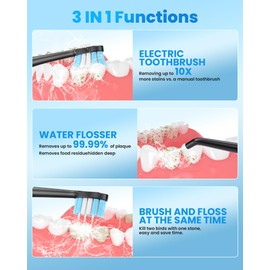 UNINGOPI Electric Toothbrush with Water flosser, 3 in 1 Teeth Cleaning Kit with 7 Modes, Electric Toothbrush and flosser Combofor Adults, Water Flosser Portable for Travel and Home (Black)