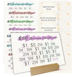 Add Savings Tracking to Any Piggy Bank Style, Piggy Bank Accessory-Money Goal Tracker,Companion for Piggy Bank-Saving Challenge Card, Piggy Bank Saving Sheet, 16 pcs with Wooden Stand-Easy Model