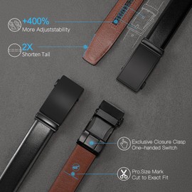 SENDEFN Men's Black Leather Belts Automatic Ratchet Buckle Belt Men for Dress Casual Trim to Fit with Gift Box
