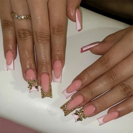 Long Press on Nails Fake Nails Gold Glitter French Tip False Nails with Gold 3D Bow Rhinestone Designs Nail Press ons Glossy Artificial Nails Cute Stick on Nails for Women 24 Pcs (Gold-24, style-24)