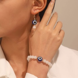 TseenYi Evil Eye Earrings Bracelet Set Opal Crystal Beaded Bracelet Evil Eye Opal Drop Hoop Earrings Evil Eye Bracelet Jewelry for Women and Girls(Gold)