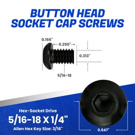 Fastenere Button Head Socket Cap Screws - 5/16-18 x 7/8" (50-Pcs) Alloy Steel, Fully Threaded, Fine Black Oxide Finish, Corrosion-Resistant, Machine Thread, Easy to Install w/Allen Hex Drive