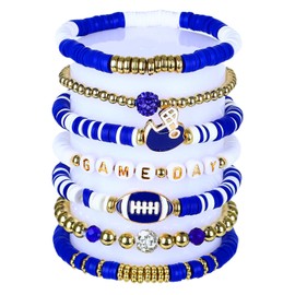 Game Day Bracelets Football Charm for Women Football Bracelets Red Black Blue Heishi Clay Beaded Stretch Bracelets Stackable Sports Bracelet Bangles Football Mom Accessories Outfits (Blue White)
