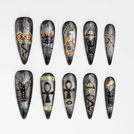 FORBELOVED NAILS|Glitter Cat Eyes Silvery Y2K Handmade Press On Nails|Long Stiletto Stick on Nails|Hand-Painted Gold Foil Bastet Pharaoh False Nails For Women And Girls|10Pcs/Set With Glue|(Silvery-S)