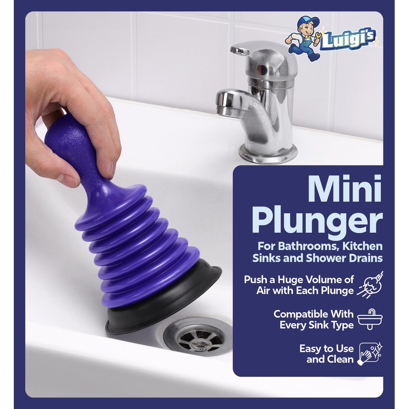 Luigi's Mini Plunger for Bathroom Kitchen Sink Bath & Shower