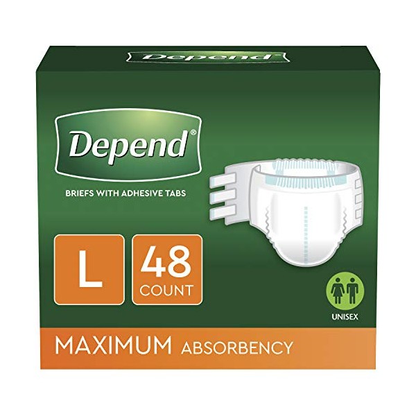 Depend Incontinence Protection with Tabs, Unisex, Large (35–49" Waist, over 170 lbs), Maximum Absorbency, 48 Count (3 Packs of 16)