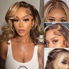 TOOCCI Lockige Echthaar Perücke, 13x4 Lace Front Perücke Brasilien Remy Haar Echthaar Honigblonde Perücke P4/30 Highlight Afro Curly Wig für Damen 150% Dichte 12 Zoll