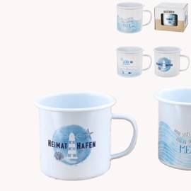 Set of 3 Enamel XXL Cups 450 ml Capacity Maritime Motifs