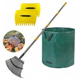 Pilntons 68 Inch Garden Rake for Leaves Adjustable Metal Leaf rake for Lawn Heavy Duty Come with Large Leaf Scoops Hand rakes 16 Gallon Leaf Bags 19 Inch Wide Yard rake for Grass Clippings