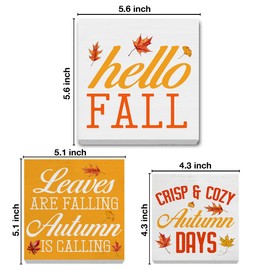 Hello Fall Wood Signs Fall Decor Farmhouse Autumn Leaves Wooden Blocks Signs for Tiered Tray Table Desk Shelf Decor Set of 3