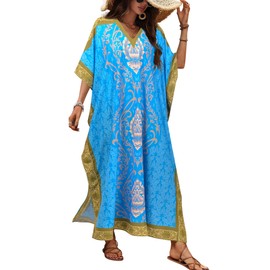 Nidoul Kaftan Dresses for Women Plus Size Bathing Suit Cover Up Long Swimsuit Coverup Swim Summer Beach Caftans Loungewear, Blue Boho