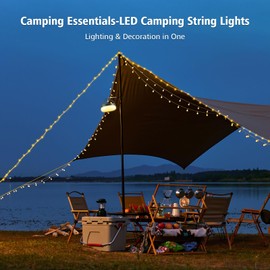 Camping String Lights 33ft 100LED, 4 in 1 Rechargeable 100LED Outdoor Tent String Lights with 14 Lighting Modes Remote Control Waterproof with Timer Function for Camping Gear Essentials Hiking Garden