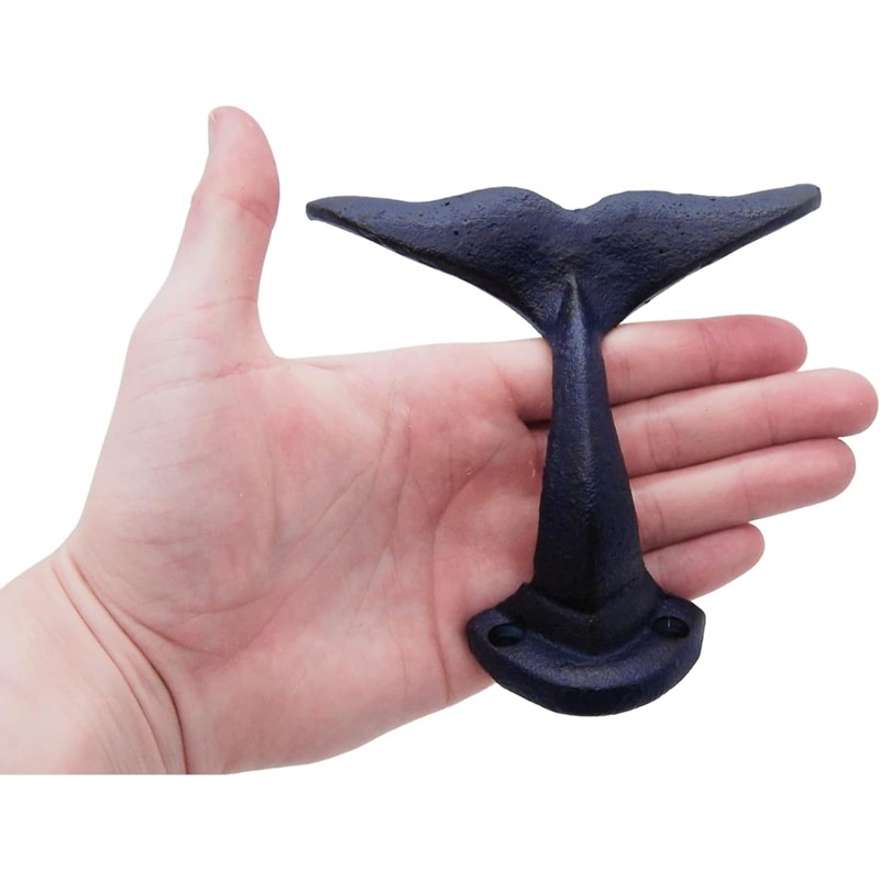 Rustic Dark Blue Cast Iron Whale Tail Wall Hooks, 4