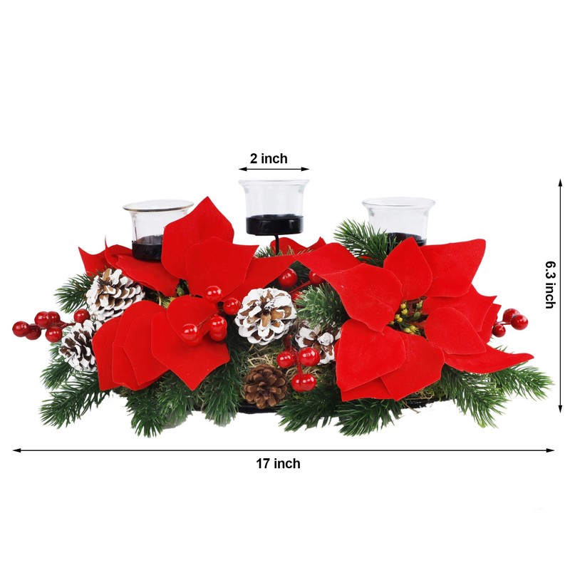 FORUP Christmas Centerpiece, Christmas Candle Holders, Christmas Tabletop Poinsettia Centerpiece