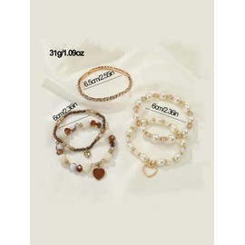 Women's Boho Style Rhinestone & Faux Pearl Decor Heart Charm Bracelets, 5pcs/set Trendy Vintage Matching Bracelets, Chic All-match Jewelry As Gift for Girlfriend, Girlfriend Gifts:_Multicolor5_one-size
