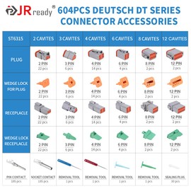 JRready 604PCS DT Deutsch Connector Kit, 2 3 4 6 8 12 Pin Gray DT Connectors, Size 16 Stamped Formed Contacts(14-18AWG)/ DT Connector Removal Tool, ST6315 Deutsch pin Connector kit.