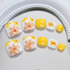 24 Pcs Flower Press on Toenails Short Yellow Floral Fake Toe Nails Square Summer Daisy False Toenails Design Flowers Acrylic Toenails Supplies for Women Nail Decoration