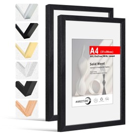 HIMEETIME® 2 x Picture Frames DIN A4 21 x 30 cm Black Wood Photo Frame Made of Solid Wood Frame 21 x 29.7 cm, Picture with Mount Display 10 x 15 cm, for Wall Hangings or Table Decoration