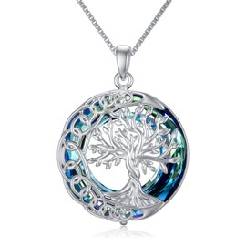TOUPOP Tree of Life Necklace 925 Sterling Sliver Celtic Moon Tree Pendant Necklaces with Blue Crystal Irish Jewellery Gifts for Women Lady Her Mom Birthday Gifts
