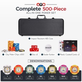 Versa Games Poker Chips - Clay Poker Chips Set - 13.5g 500 Piece Crown Casino Poker Set with Numbers Denomination - Upgraded Poker Set Case
