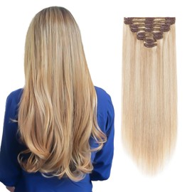 MY-LADY Double Weft 100% Remy Human Hair Clip in Extensions 14''-22'' Grade 7A Quality Full Head Thick Long Soft Silky Straight 8pcs 18clips(16" / 16 inch 130g,#18/613 Light Ash Blonde/Bleach Blonde)