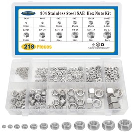 218 PCS SAE Stainless Steel Hex Nut Assortment Kit, 2#56 4#40 6#32 8#32 10#24 10#32 12#24 1/4-20 5/16-18 3/8-16 7/16-14 1/2-13, 304 Stainless Steel Nuts Set