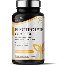 Electrolyte Complex - High Strength Tablets with Added Magnesium, Potassium & Calcium - Muscle Function and Electrolyte Balance - 240 Vegan Tablets - No Synthetic Binders - Made in The UK by Nutravita