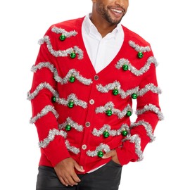 Tipsy Elves Men's Funny Christmas Cardigans - Ugly Christmas Sweater for Men with Embellished and Festive Designs - Red Tinsel Christmas Cardigan Sweater with Ornaments and Tinsel Size Large