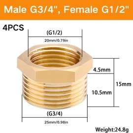 Brass Reducer G3/4 Inch to G1/2 Inch (AG Diameter 25 mm x Inner Thread Diameter 20 mm), Pack of 4 Reduction Thread Fitting G3/4 Inch x G1/2 Inch Male Thread/Female Thread, Brass Reducer