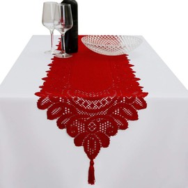 mookaitedecor 13x70 Inch Red Lace Table Runner for Wedding Festival Party Christmas Table Centrepiece Living Room Home Decor, Vintage Elegant Floral Dinner Table Runner with Tassels