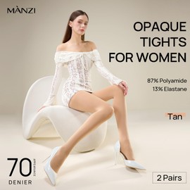 MANZI Women's 2 Pairs Opaque Control-Top Tights 70 Denier Pantyhose, 2 Pairs Tan, Large
