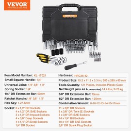 VEVOR Mechanics Tool Set and Socket Set, 1/4" 3/8" 1/2 Drive Deep and Standard Sockets, 145/205/450 Pcs SAE and Metric Mechanic Tool Kit with Bits, Combination Wrench, Hex Wrenches, Accessories, Storage Case:_1/4"、3/8" - 145 Pcs