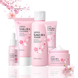 Sakura Skin Care Set, 5 Pieces, Cleanser, Tonic, Face Cream, Serum and Eye Cream, Sakura Moisturiser Set for Gift Care for Women