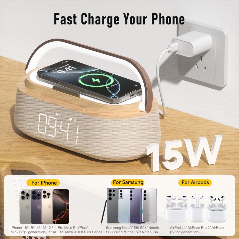 Alarm Clock Bedroom with Wireless Charger Bluetooth Speaker FM Radio