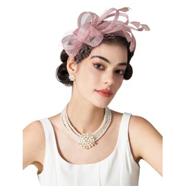 SWEETV Elegant Fascinators Headband with Feather, Women's Tea Party Hat for Kentucky Tea Hat Derby, Cocktail, Wedding, Fancy Dress Party, Dusty Pink